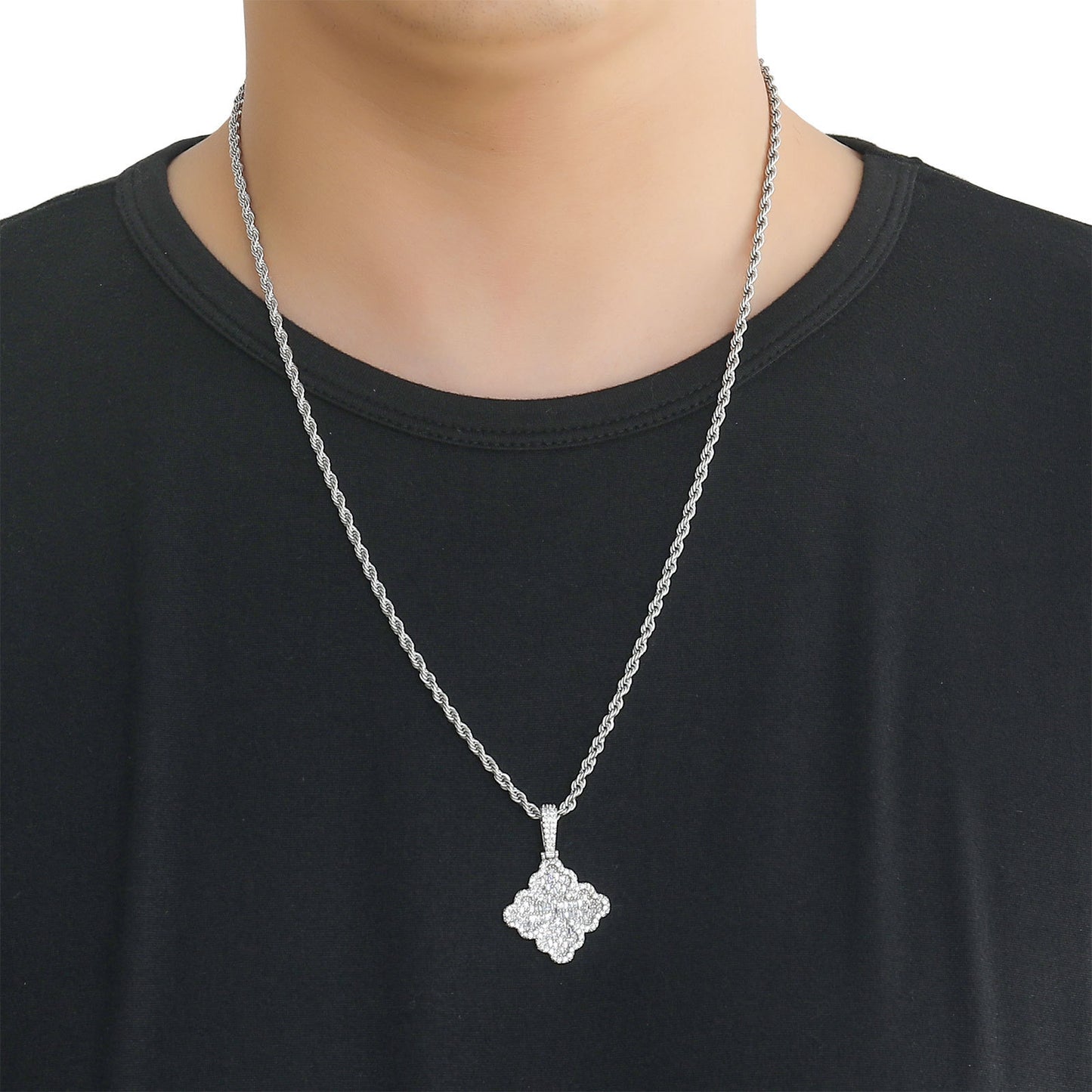 Hip Hop Light Luxury Four Leaf Clover Cross Copper Necklace for Men and Women