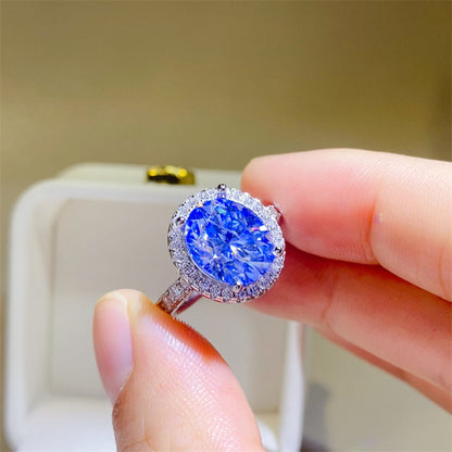 Blue Oval Moissanite Halo Ring for Women, 1 Carat to 5 Carat Engagement Style Ring