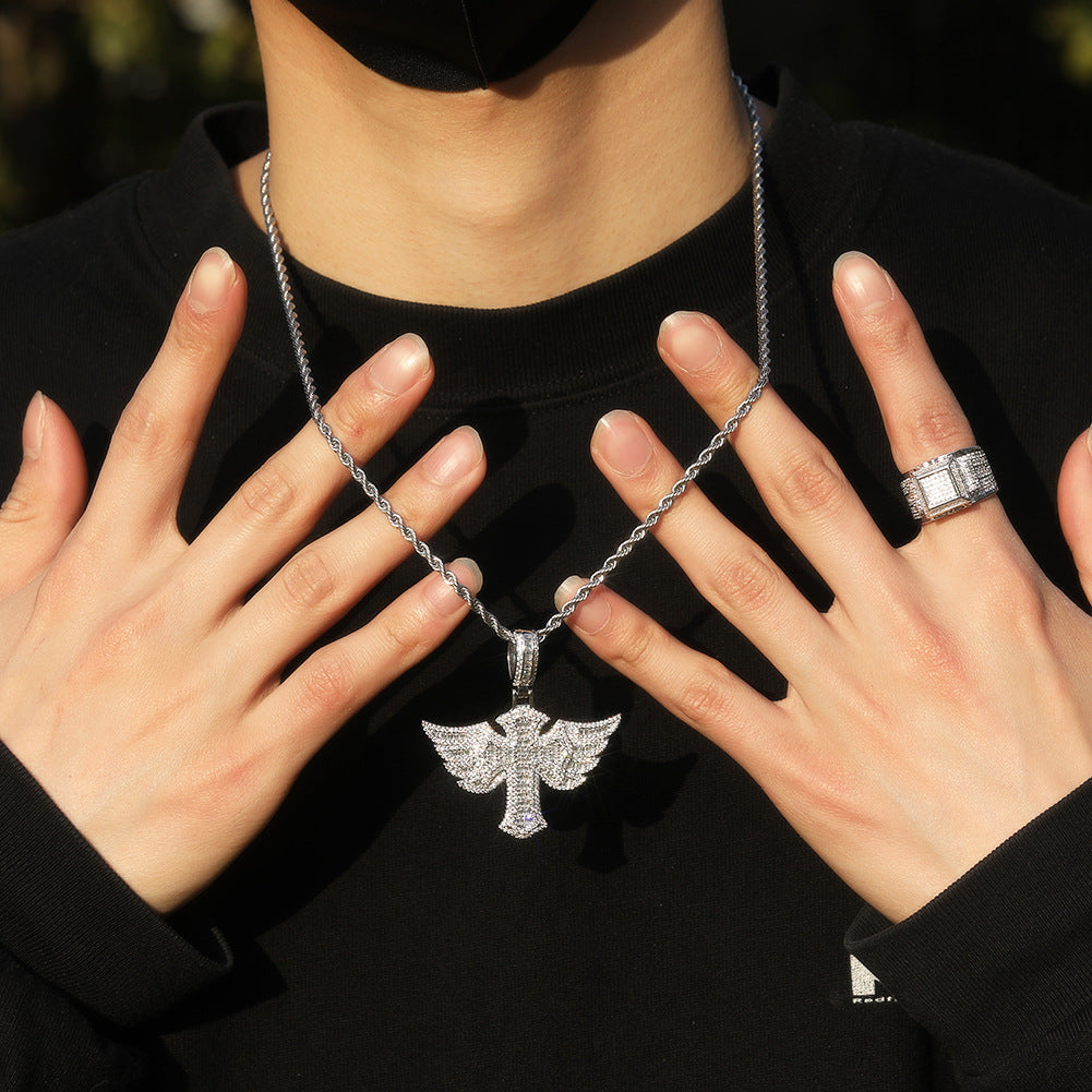 Men’s Iced Winged Cross Pendant Necklace with Diamond-Look Stones, Gold Plated Copper Chain, Hip Hop Statement Jewelry