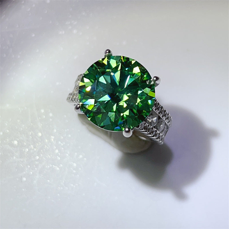 Green Moissanite Ring with Triple Row Pavé Band, U-Shape Statement Engagement Ring product image