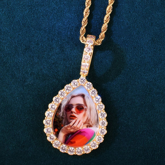 Unisex Iced Teardrop Photo Pendant Necklace