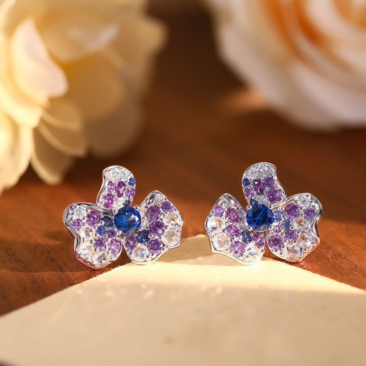 Irregular Flower Stud Earrings, Blue Crystal, S925 18K Plated product image