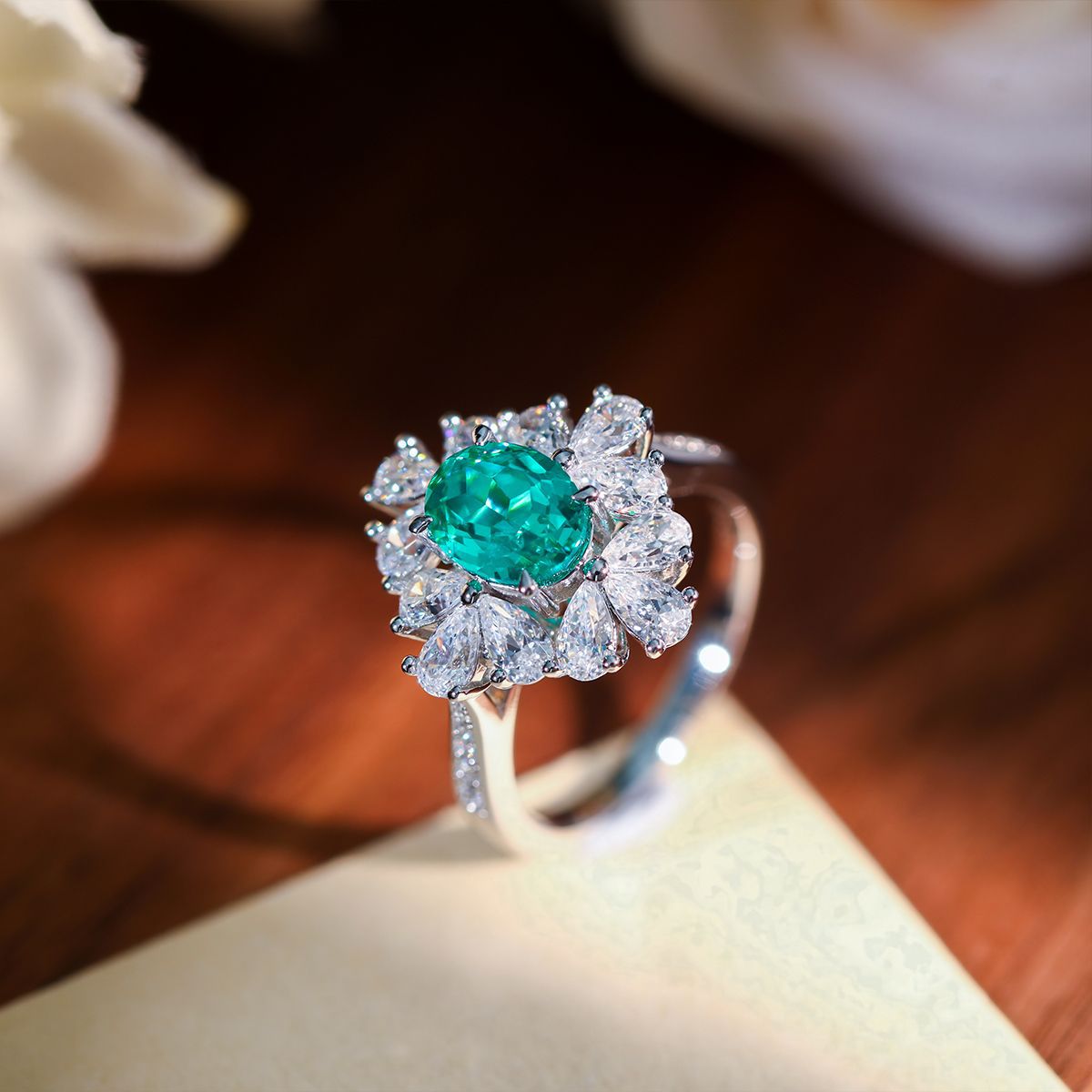 Green Oval Halo Wedding Ring for Women, S925 Silver Gold-Plated Paraiba-Style Ring product image