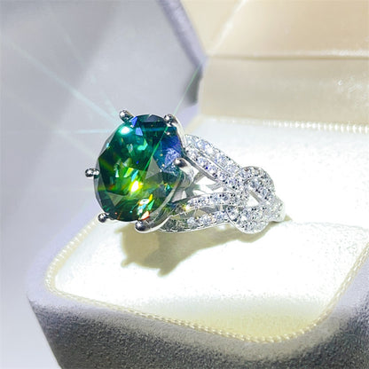 10 Carat Green Moissanite Ring for Women, Round Cut Engagement Ring with Side Accents