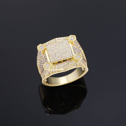 Unisex Iced Out Geometric Square Ring with Cubic Zirconia in White Gold Tone