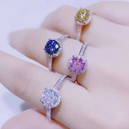 Round Halo Moissanite Ring for Women, Color Center Stone Engagement Ring, 0.5 to 2 Carat Look, White Pink Yellow Blue