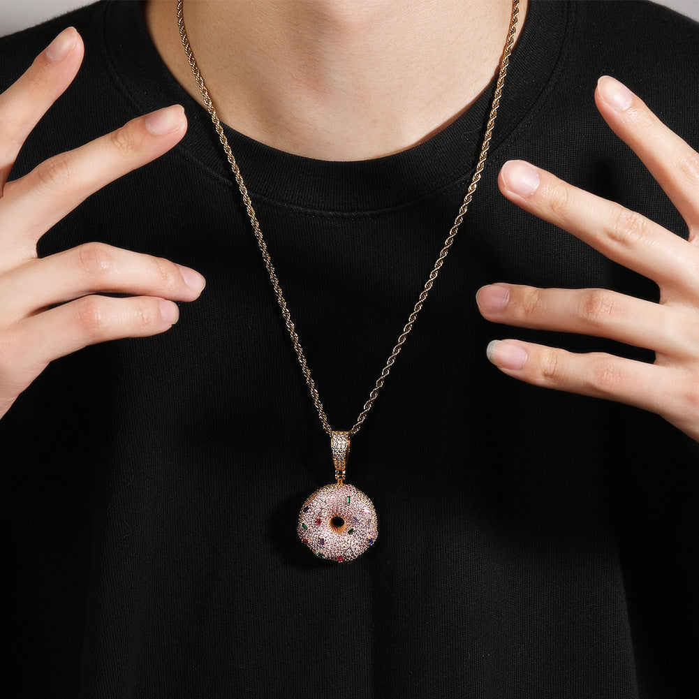 Iced Donut Pendant Necklace for Women with Cubic Zirconia Twisted Chain, Gold or Silver Statement Hip Hop Jewelry