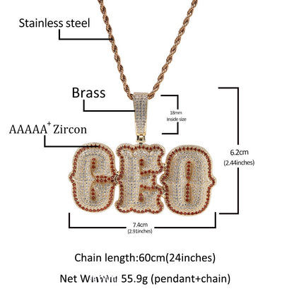 Bubble letter pendant materials and dimensions diagram
