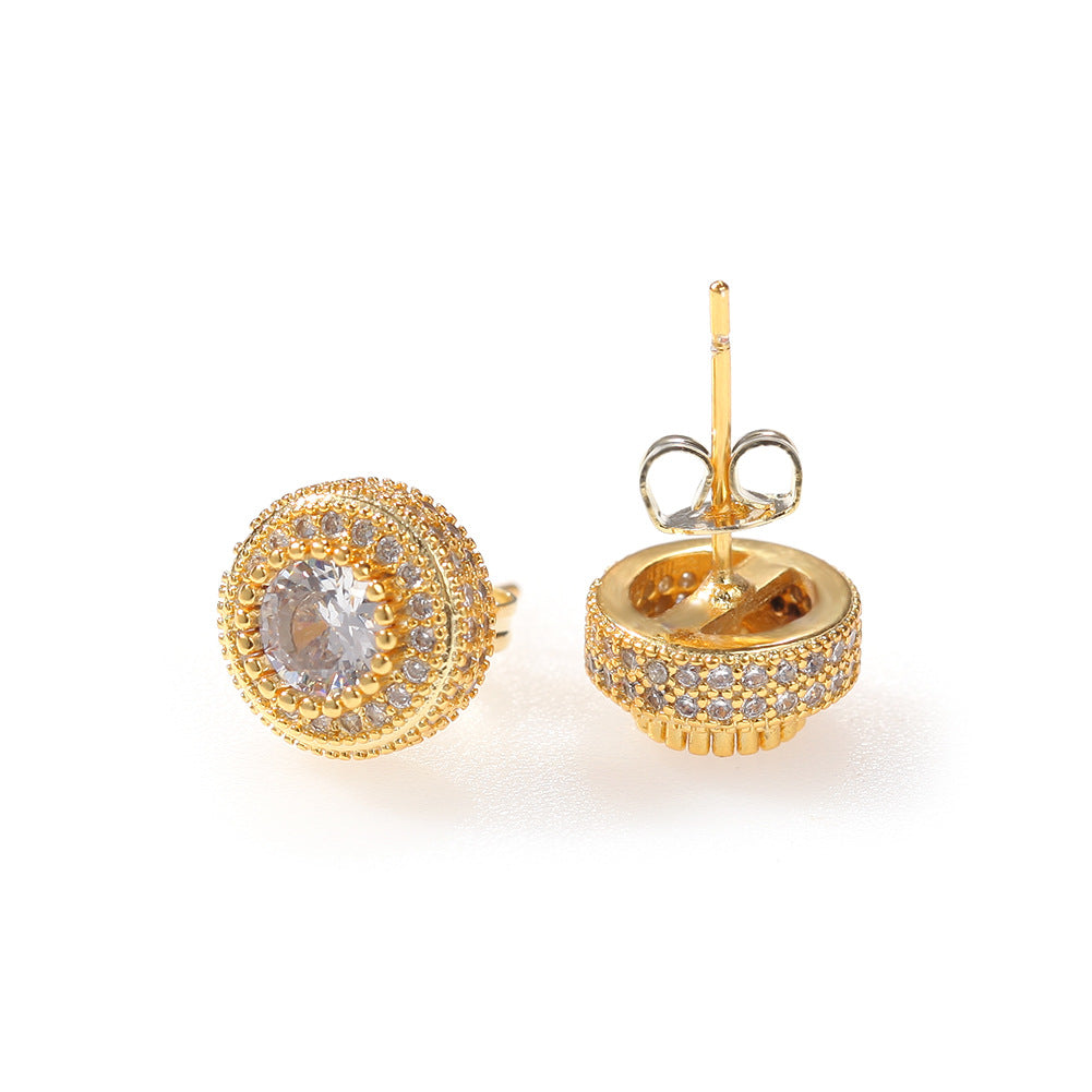 Unisex Round Cubic Zirconia Stud Earrings in Gold or Silver Tone - Hip Hop Statement Earrings