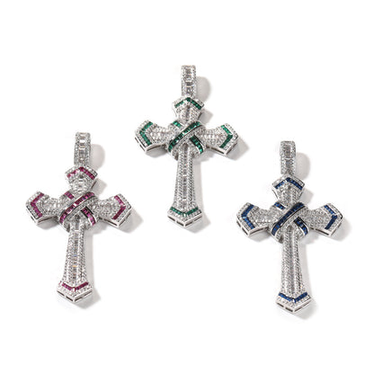 Iced Cross Pendant Necklace with Cubic Zirconia on 24 Inch Twist Chain