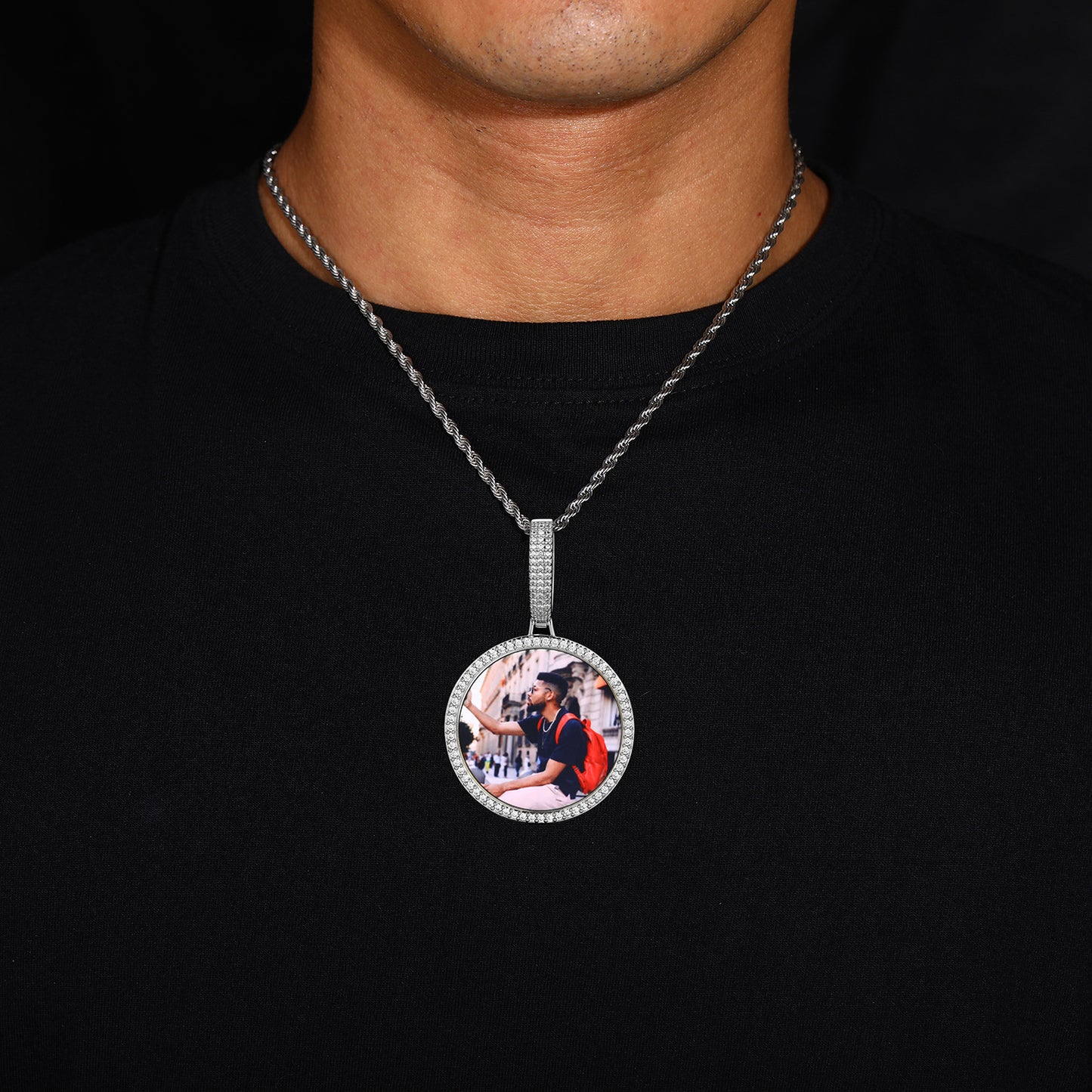 Custom Photo Pendant Necklace for Men, Iced Out Round Pendant Chain, Hip Hop Streetwear Jewelry product image