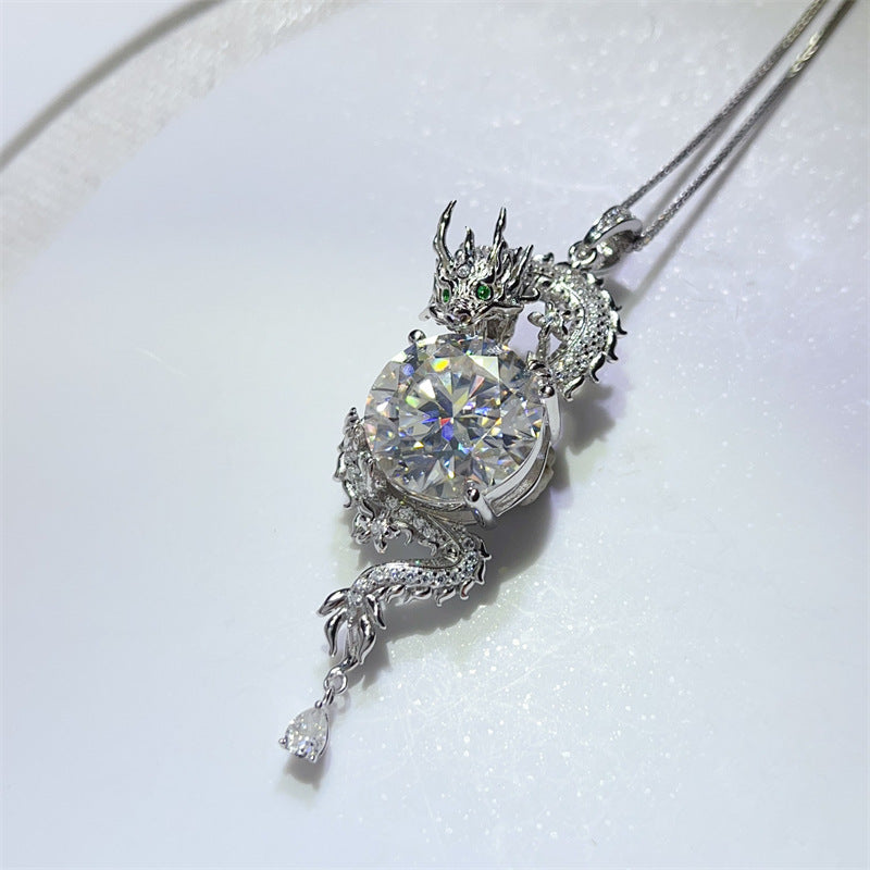 Dragon Moissanite Pendant Necklace 10 Carat Round Stone Silver Chain Statement Necklace product image