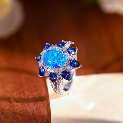 Blue Opal Halo Ring for Women, S925 Silver, 18K Gold Plated Sapphire Accent Ring
