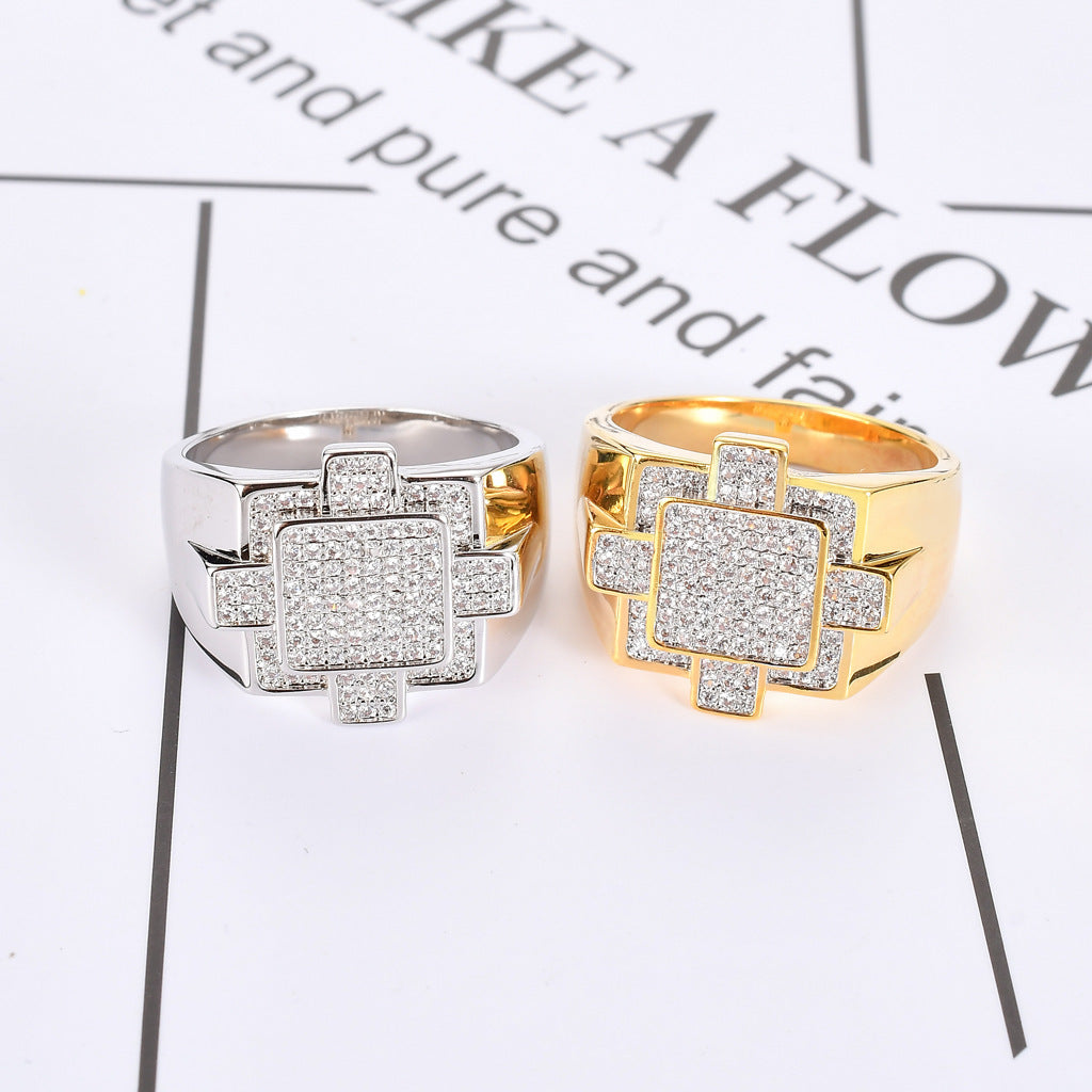 Hip Hop Geometric Cubic Zirconia Ring for Men
