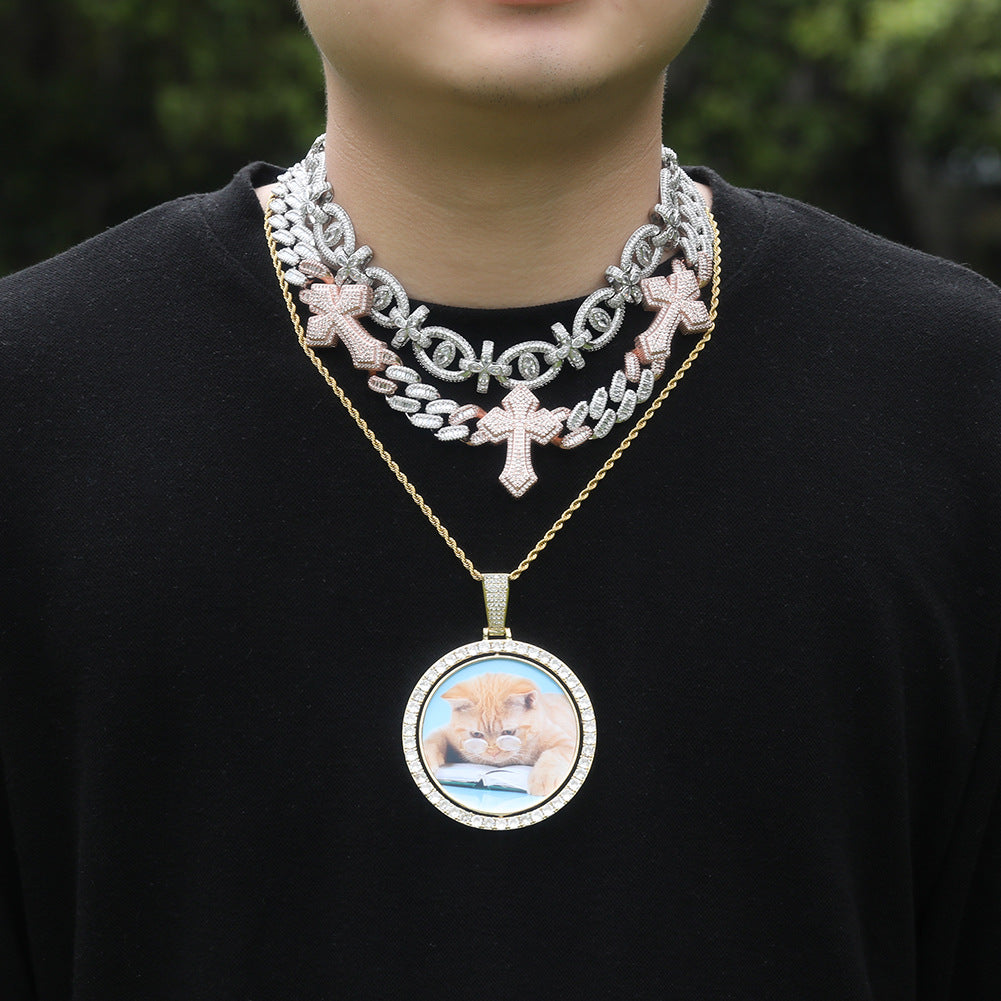 Custom Double-Sided Rotating Photo Pendant Necklace with Cubic Zirconia Round Charm Chain for Women