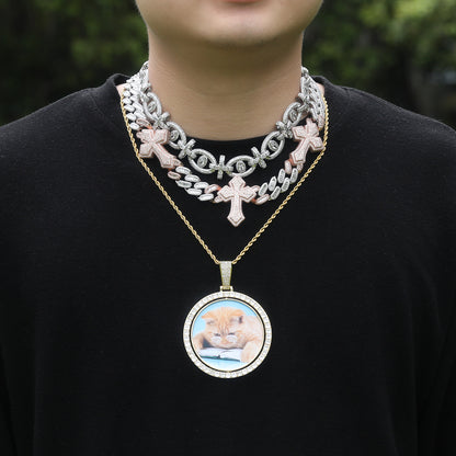 Custom Double-Sided Rotating Photo Pendant Necklace with Cubic Zirconia Round Charm Chain for Women