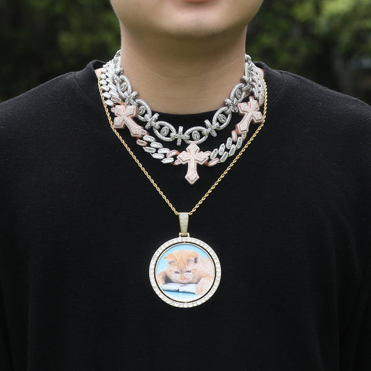 Custom Double-Sided Rotating Photo Pendant Necklace with Cubic Zirconia Round Charm Chain for Women