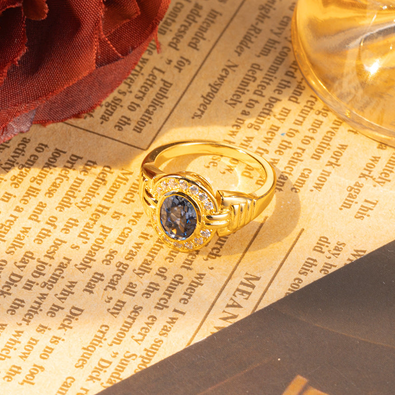 Vintage Blue Oval Halo Ring, 18K Gold Tone Closed-Band Ring for Women product image