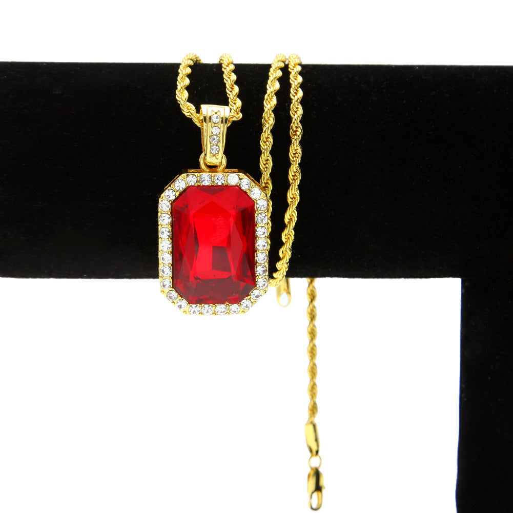 Men’s Iced Rectangular Pendant Necklace with Twisted Chain - Gold or Silver Tone Crystal Statement Necklace product image