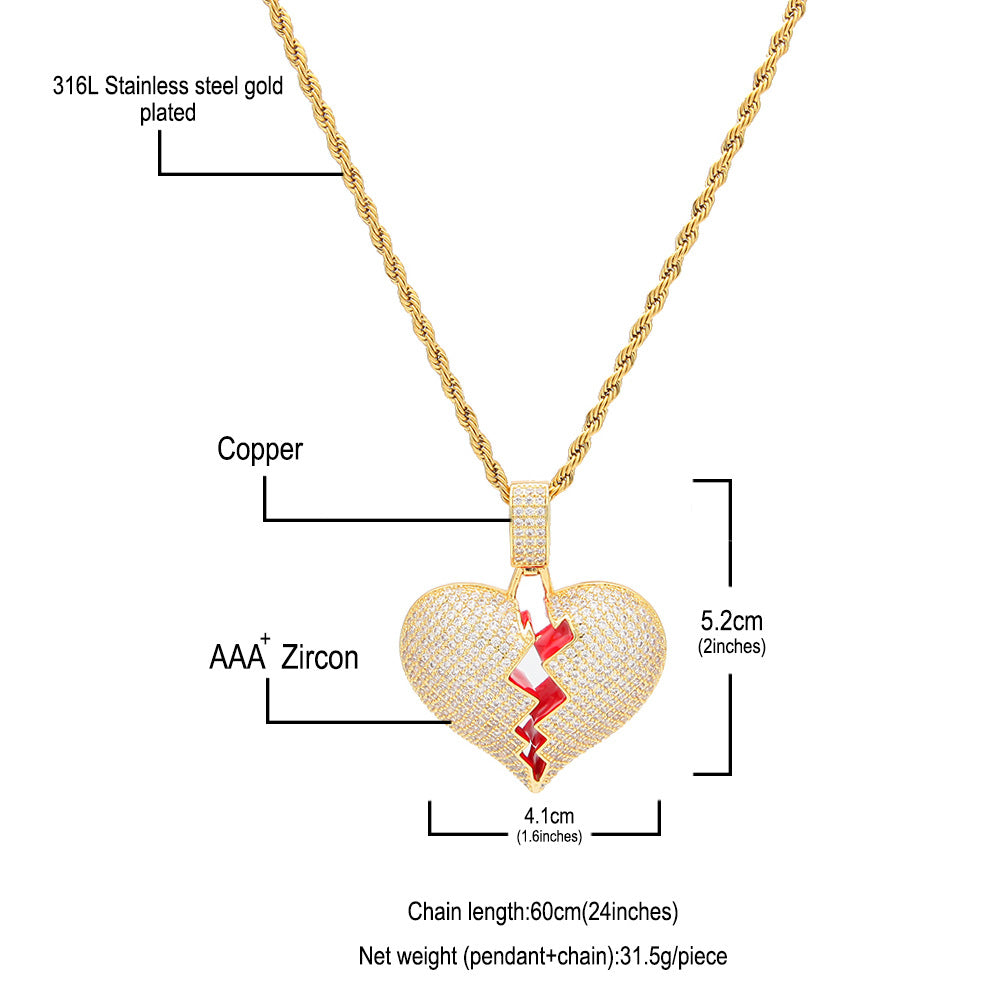 Iced Broken Heart Pendant Necklace for Women & Men – Cubic Zirconia Hip Hop Statement Chain in Gold, Silver & Two-Tone