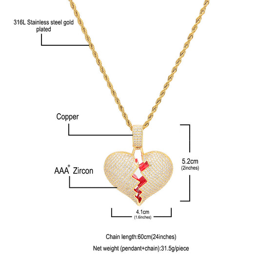 Iced Broken Heart Pendant Necklace for Women & Men – Cubic Zirconia Hip Hop Statement Chain in Gold, Silver & Two-Tone