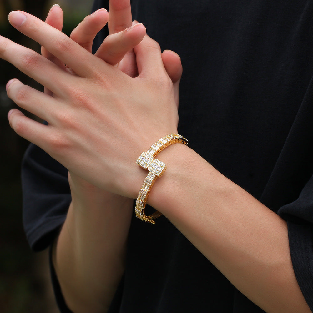 Gold tone ring-top CZ cuff bracelet worn on wrist product image