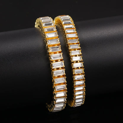 Gold Plated Baguette Crystal Chain Necklace Bracelet Set for Women and Men