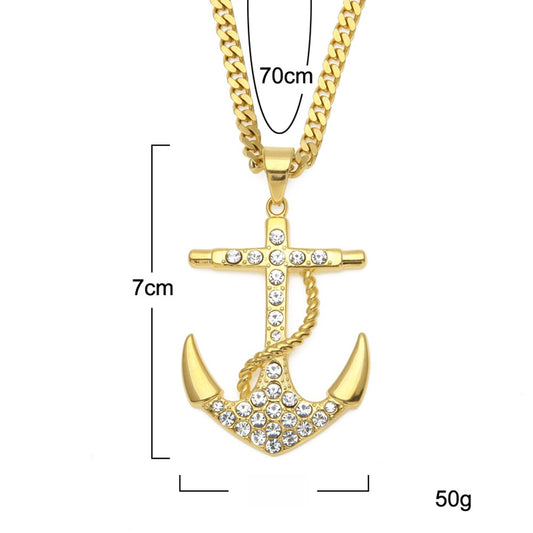 Gold Stainless Steel Anchor Pendant Necklace with Diamond-Look Stones - 5mm Cuban Chain Hip Hop Statement Jewelry for Women and Men