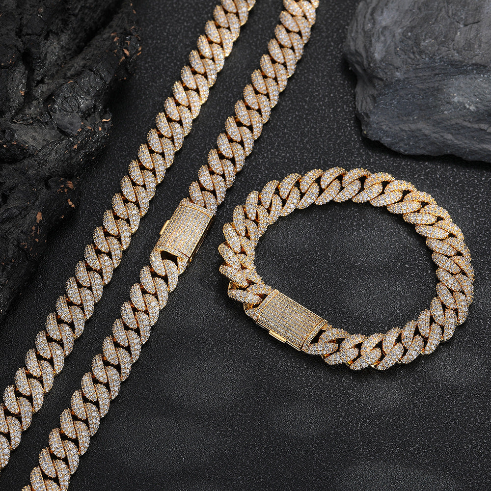12mm Iced Out Cuban Link Chain Necklace & Bracelet, Zirconia Hip Hop Jewelry product image