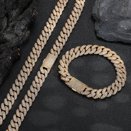 12mm Iced Out Cuban Link Chain Necklace & Bracelet, Zirconia Hip Hop Jewelry