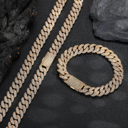 12mm Iced Out Cuban Link Chain Necklace & Bracelet, Zirconia Hip Hop Jewelry
