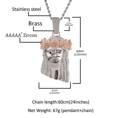 Iced Out Jesus Face Pendant Necklace with Cubic Zirconia Twisted Chain - Hip Hop Statement Silver, Silver Pink & Gold Silver Tone