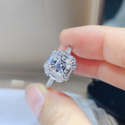 Asscher Cut Moissanite Halo Ring for Women, Geometric Engagement Ring