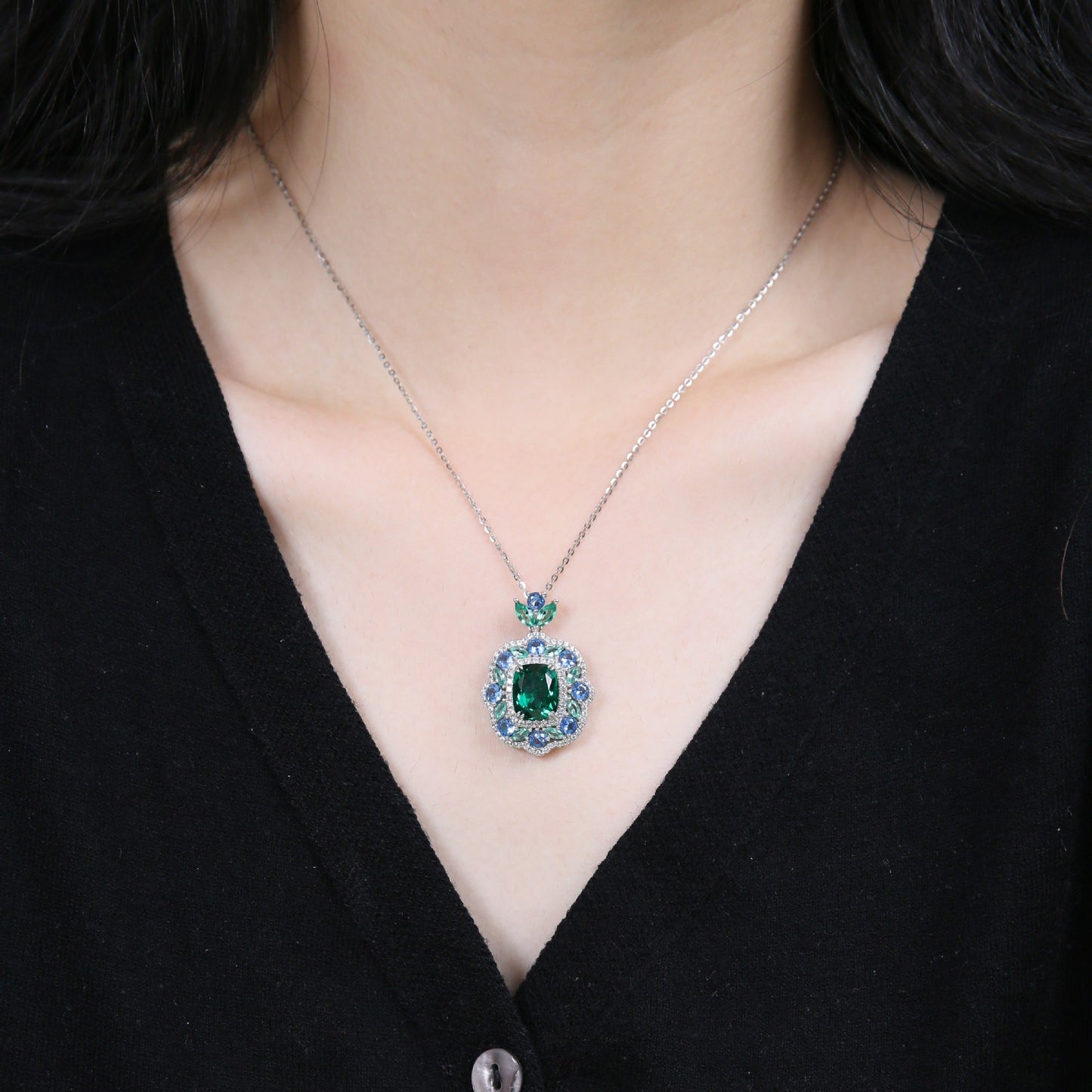 5 Carat Moissanite Halo Ring, Green Center Stone, Blue Accent Ring, S925 Sterling Silver product image