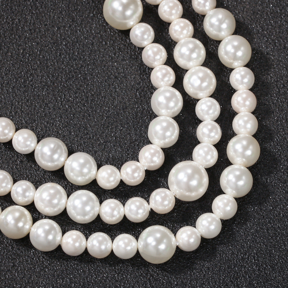 Unisex Round Pearl Necklace Pendant Chain - Trendy Layered Look Mixed-Size Pearl Statement Necklace