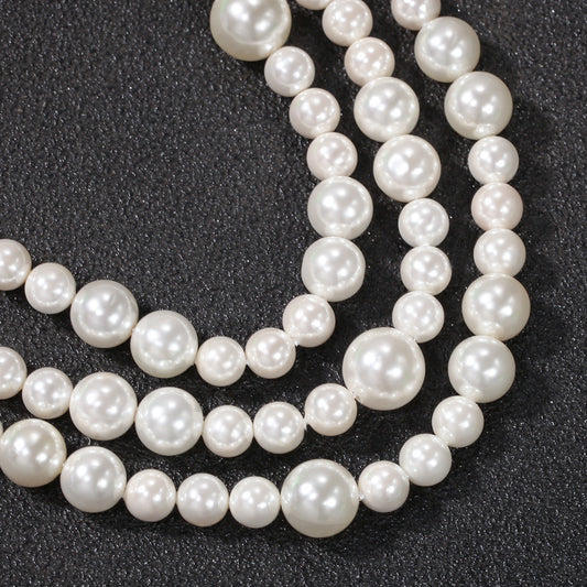 Unisex Round Pearl Necklace Pendant Chain - Trendy Layered Look Mixed-Size Pearl Statement Necklace