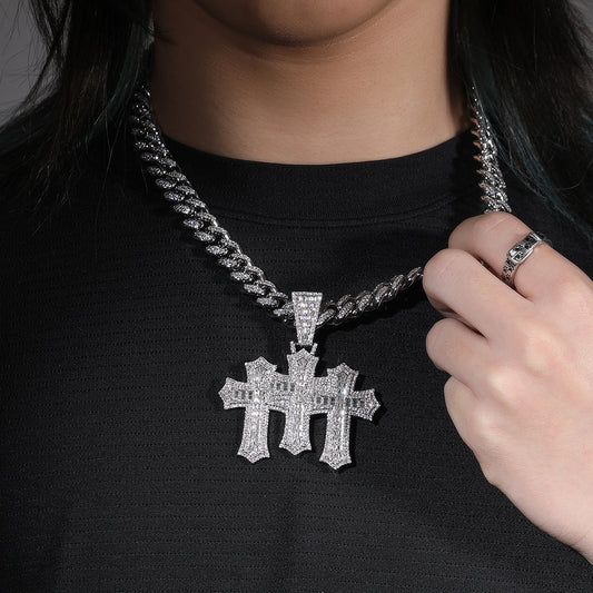Iced Triple Cross Pendant Necklace with 12mm Cuban Chain for Women and Men - Gold, Silver, or Two Tone Cubic Zirconia Statement Chain