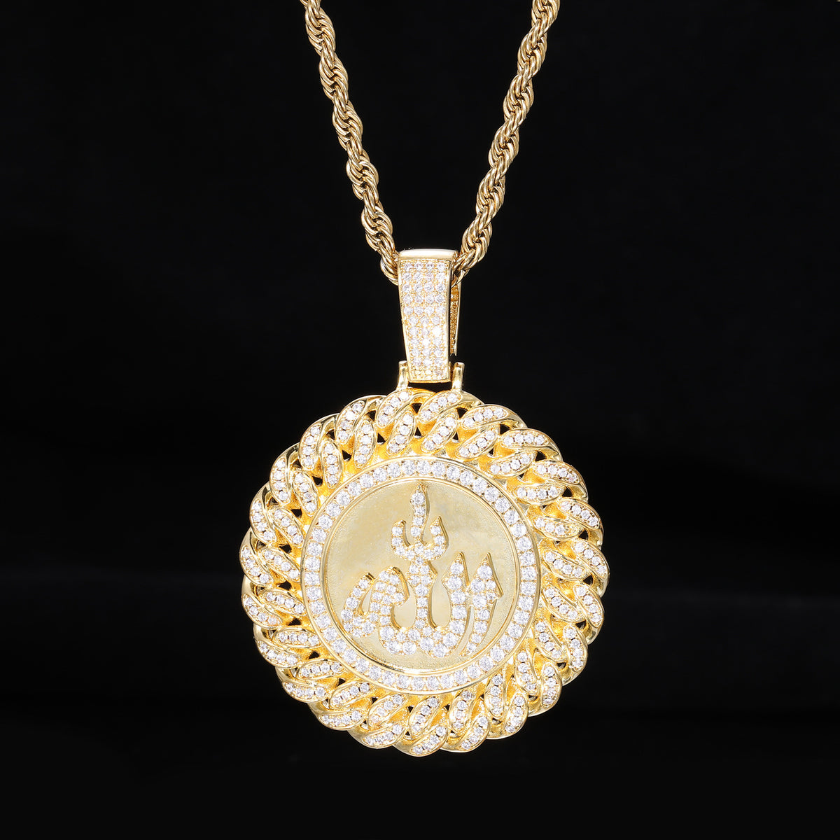 Men’s Arabic Calligraphy Pendant Necklace with Iced Zircon Circle Frame Rope Chain product image