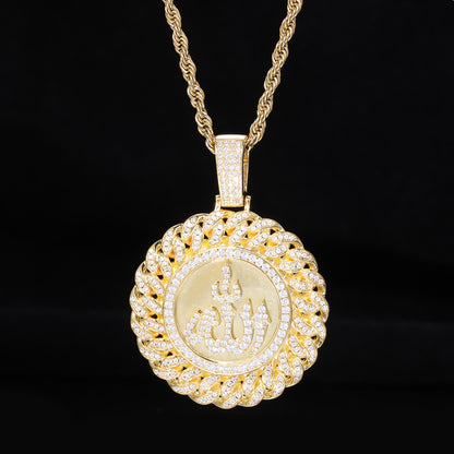 Men’s Arabic Calligraphy Pendant Necklace with Iced Zircon Circle Frame Rope Chain
