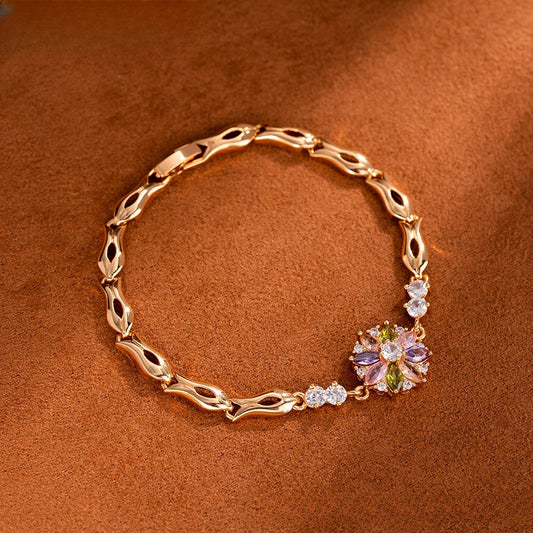 Elegant Gold Plated Crystal Flower Chain Bracelet for Women and Men