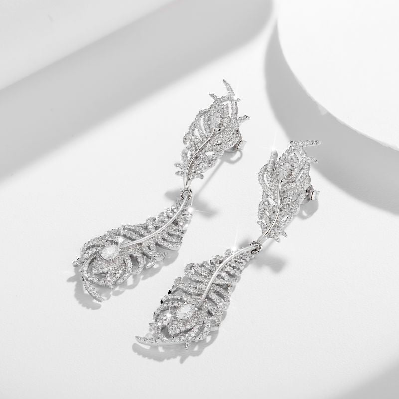 Feather Moissanite Drop Earrings for Women, S925 Silver 18K Gold Plated Ear Studs product image