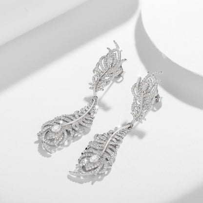 Feather Moissanite Drop Earrings for Women, S925 Silver 18K Gold Plated Ear Studs