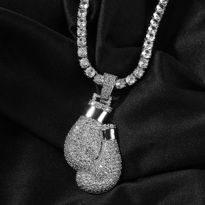 Iced Boxing Glove Pendant Necklace with Cubic Zirconia Rope Chain for Women & Men