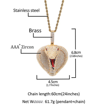Iced Snake Pendant Necklace for Men Women - Cubic Zirconia Hip Hop Statement Chain in Gold or Silver Tone