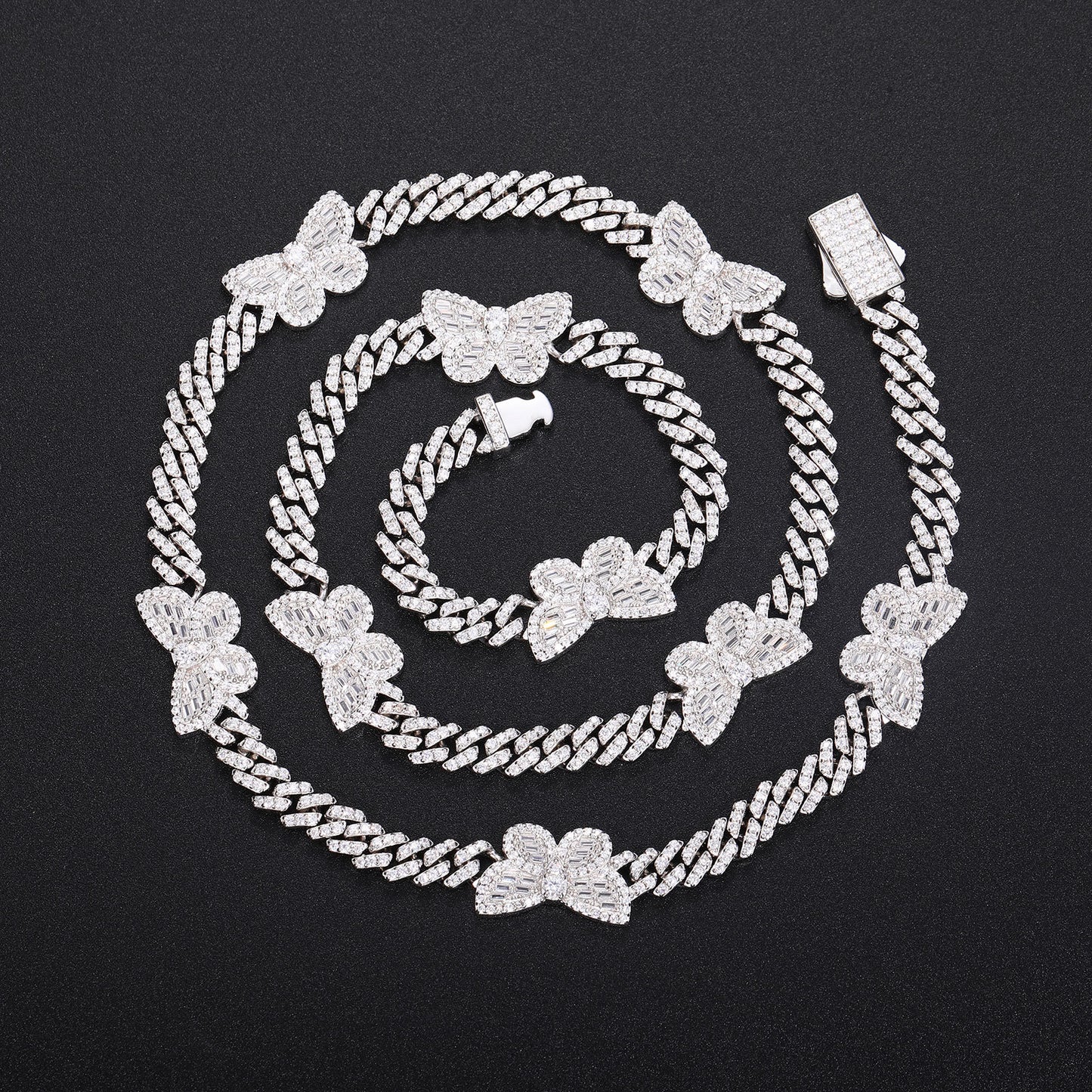 Iced Out Butterfly Cuban Link Chain Bracelet in White Silver Tone with Cubic Zirconia product image