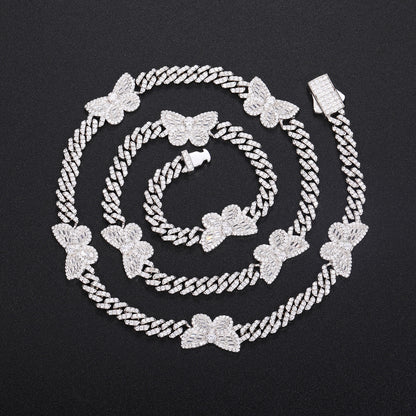Iced Out Butterfly Cuban Link Chain Bracelet in White Silver Tone with Cubic Zirconia
