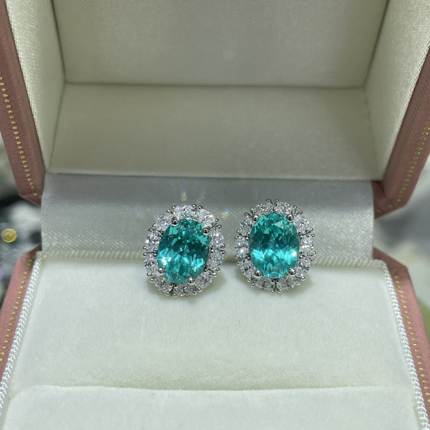 Oval Blue-Green Gemstone Halo Stud Earrings, Vintage-Inspired Sparkling Ear Studs product image