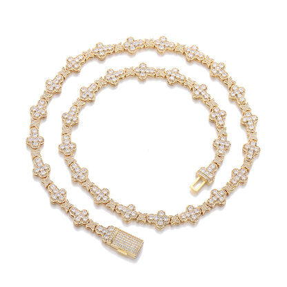 Unisex Iced Floral Link Cuban Chain Necklace & Bracelet with Cubic Zirconia Detail
