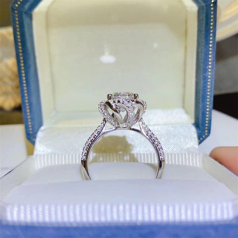 AU750 White Gold Moissanite Flower Halo Ring for Women, 1 Carat or 2 Carat, U Shape Geometric Band, Sizes 9-19 product image