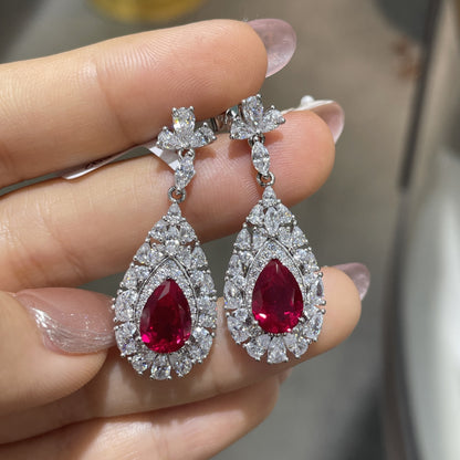 Red Teardrop Crystal Necklace and Earrings Set for Women, Evening Look